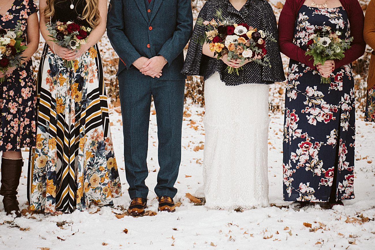 Winter Wedding, Lageret Wedding in Stoughton Wisconsin, Fall Wedding, Madison WI Wedding, Industrial Wedding, Moody Wedding, floral bridesmaid dress, 