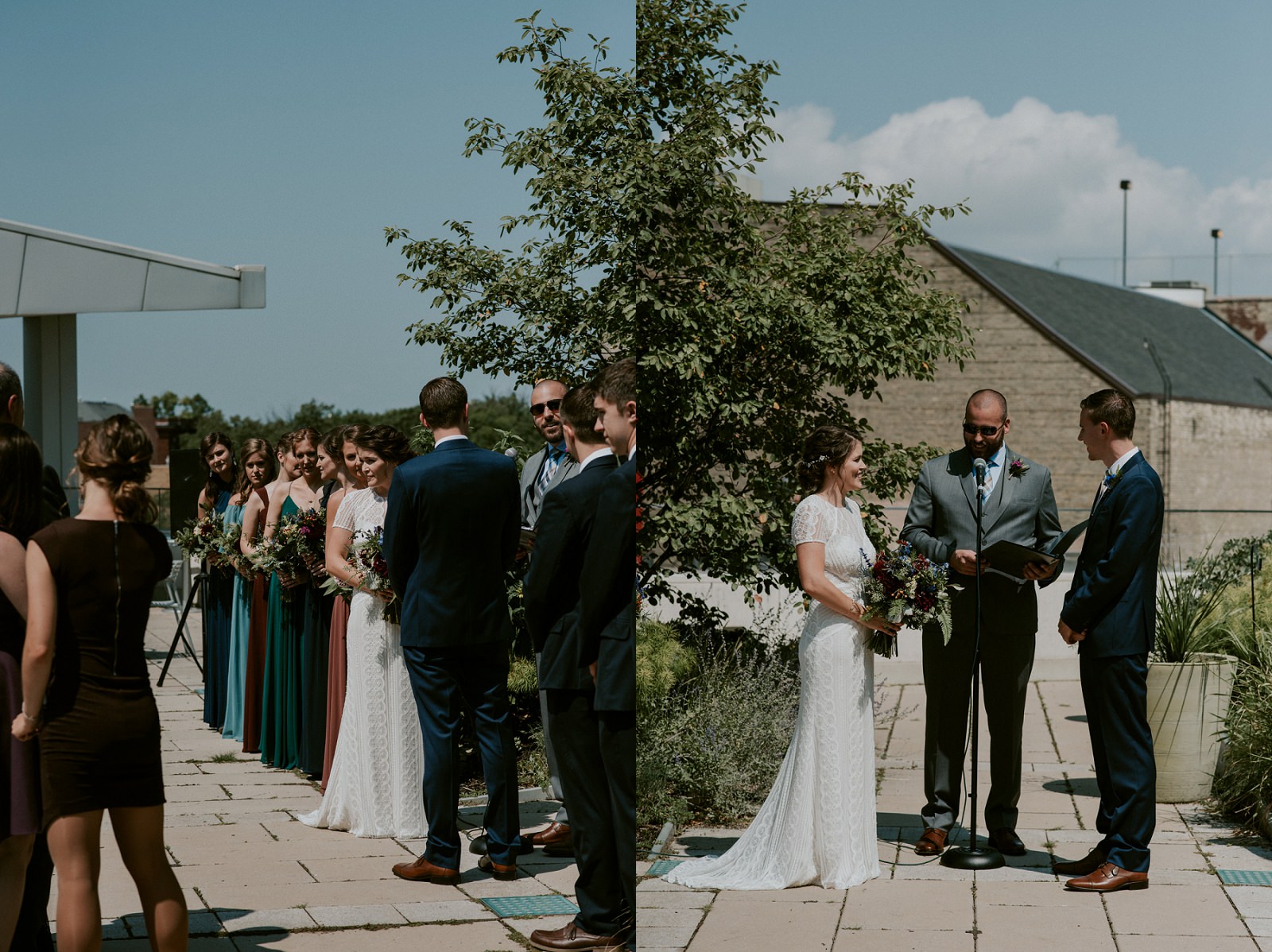 Madison WI Wedding Photographer, The Lageret Stoughton WI, Multi Colored Bridesmaid Dresses, Groomsman in Navy Suits, Jewel Colored Wedding
