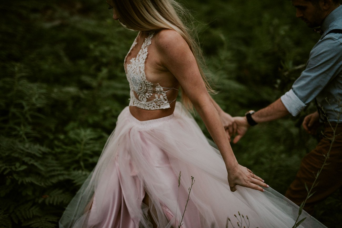 Pink two piece wedding gown, mountain elopement Washington state - natural intuition photography