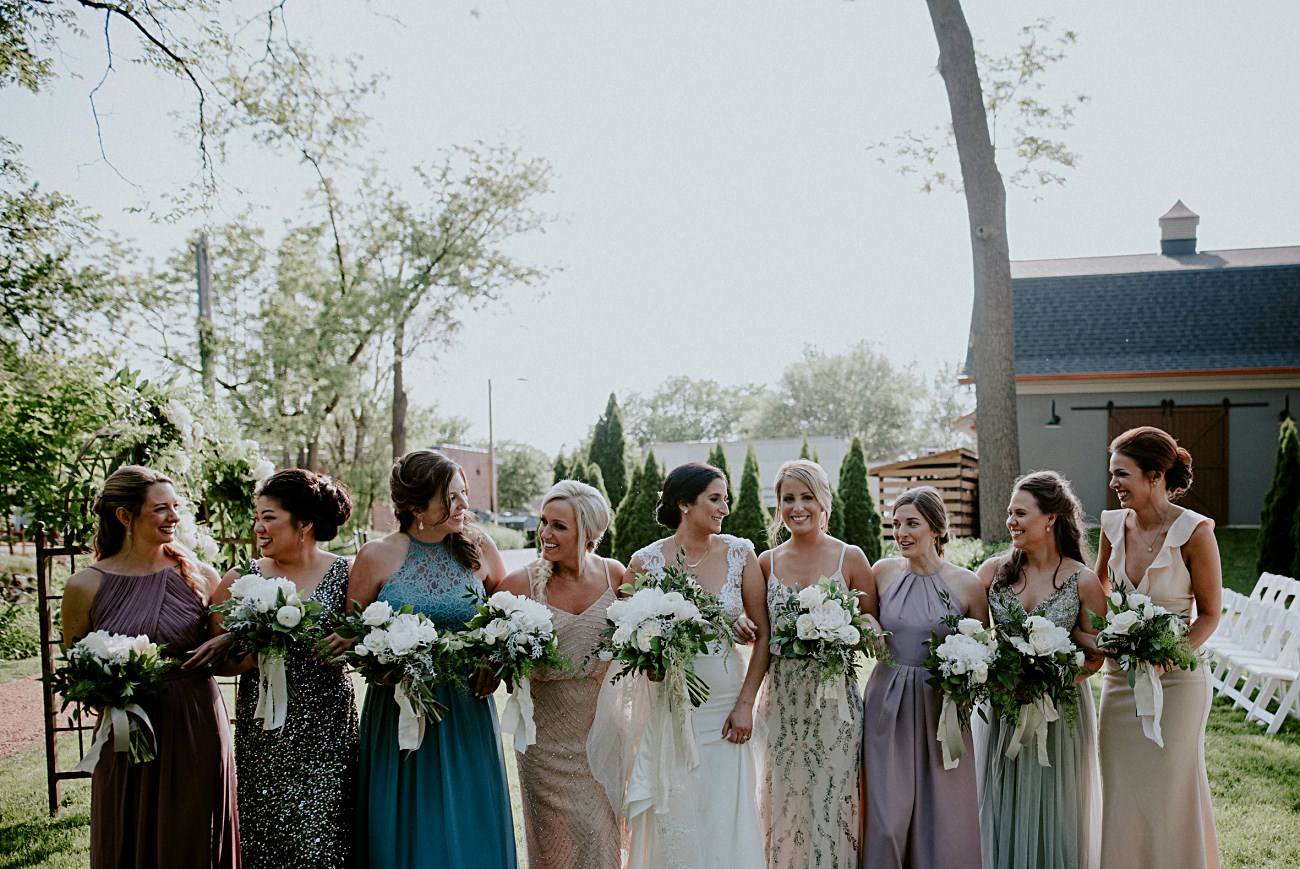 Wedding Party Photos, Multi Colored Bridesmaid Dresses - Backyard wedding, Milwaukee Wisconsin Wedding Photographer - Natural Intuition Photography