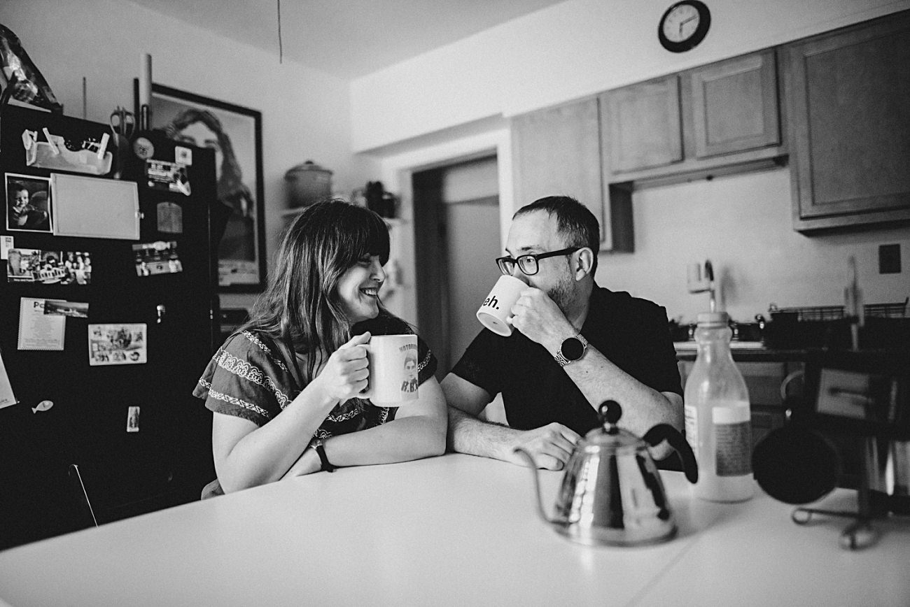 In home session, coffee making in the kitchen, milwaukee engagement session - milwaukee wedding photographer