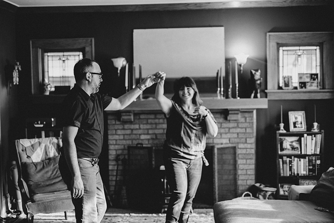 In home session, coffee making in the kitchen, milwaukee engagement session - milwaukee wedding photographer