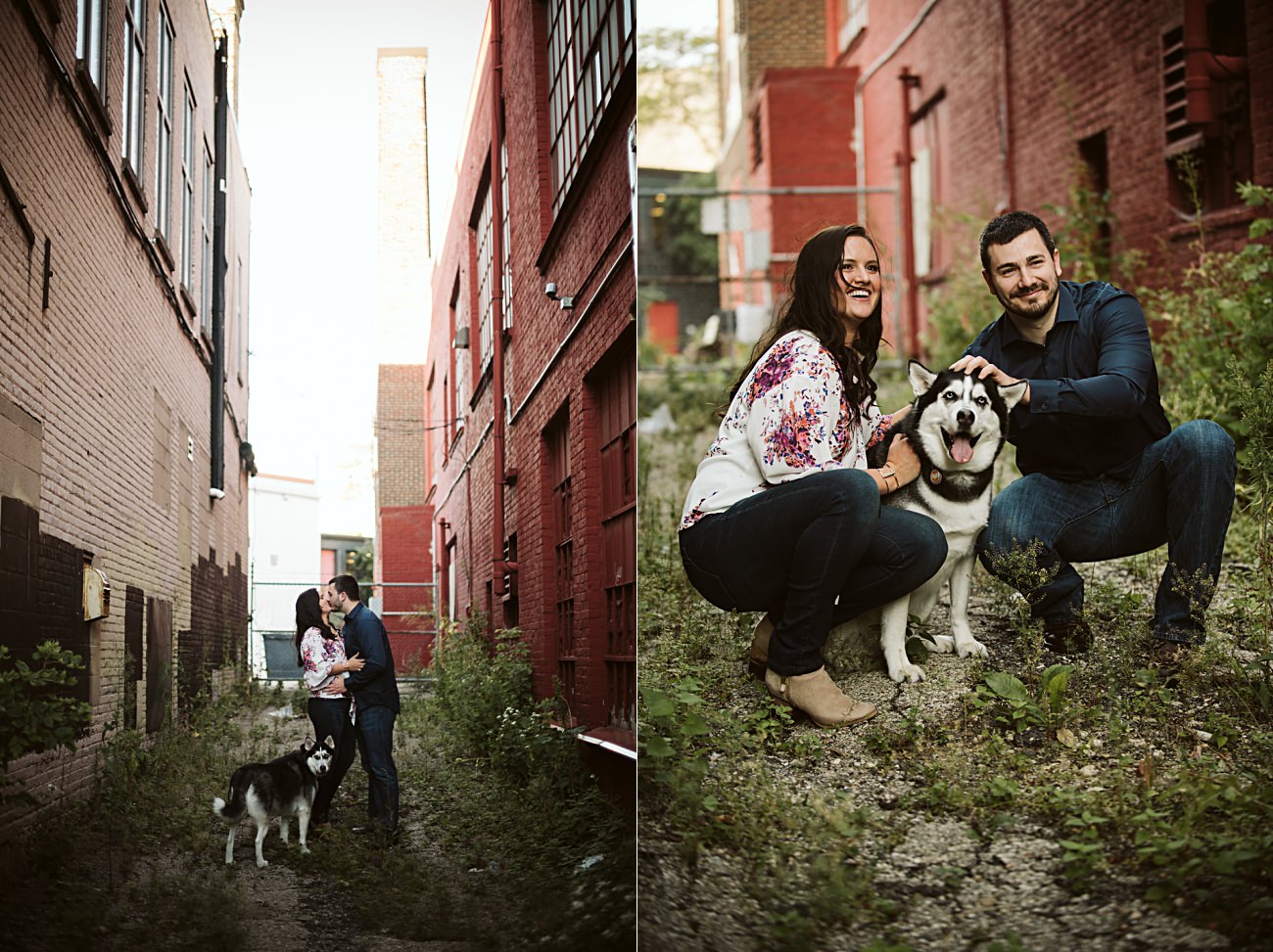 City Engagement Session, Downtown Madison Wisconsin Engagement with Dog, Engagement with Husky