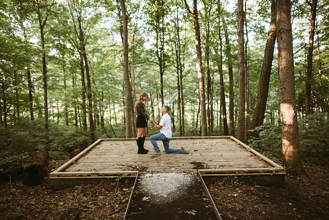 A person kneels and holds hands with another on a wooden platform in a forest at the UW Arboretum in Madison, suggesting a marriage proposal as sunlight filters through the tall trees surrounding them.